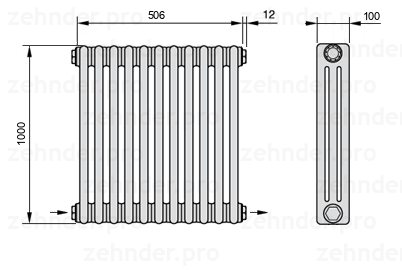 Схема (чертеж) Радиатор Zehnder Charleston 3100/11 №2670 Белый глянцевый RAL 9016